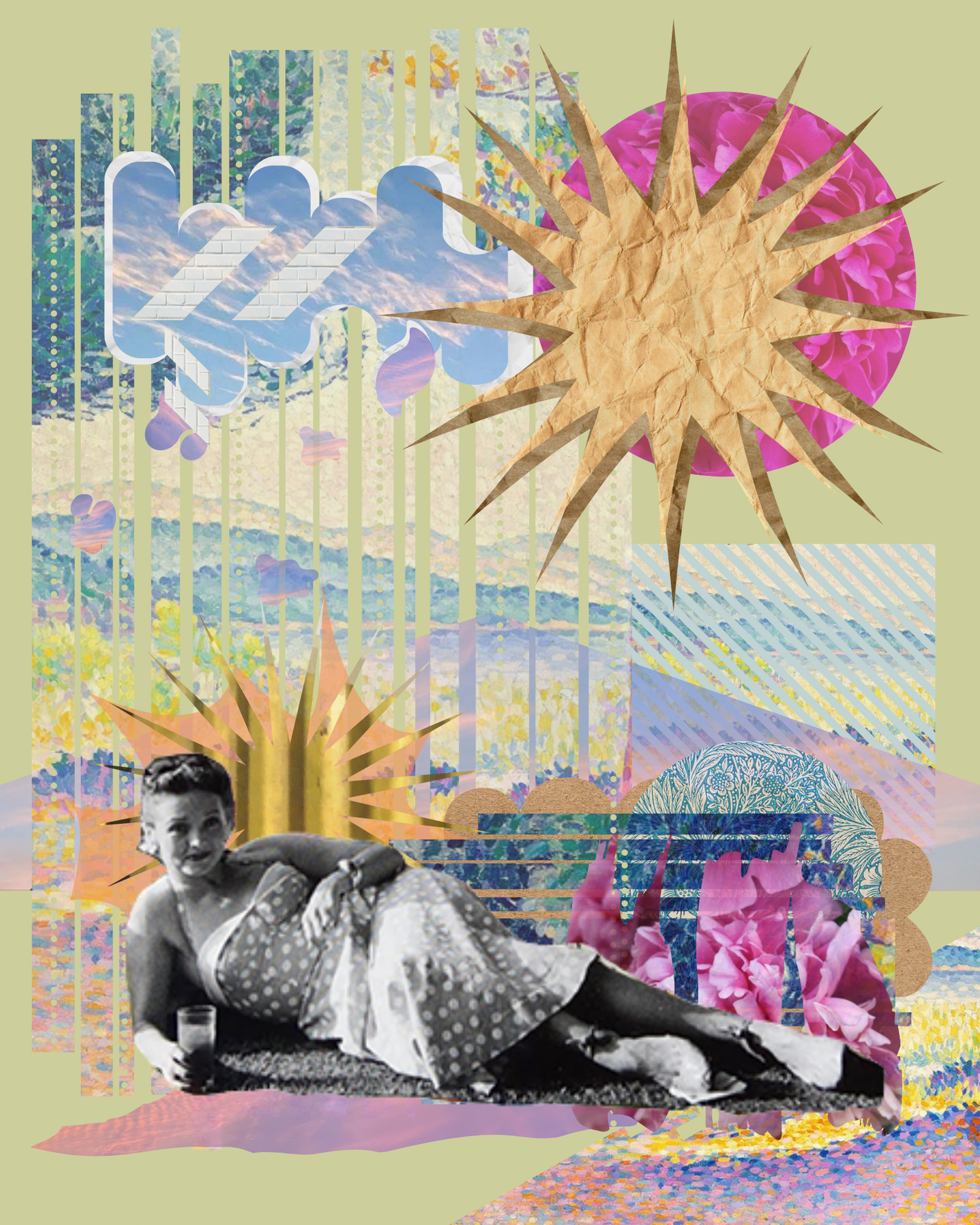 "Love Today" digital collage of a woman sitting in the grass with a drink. There is a sun and some clouds behind her . Made in Canva with some photos taken by artist Marvellous Darling.