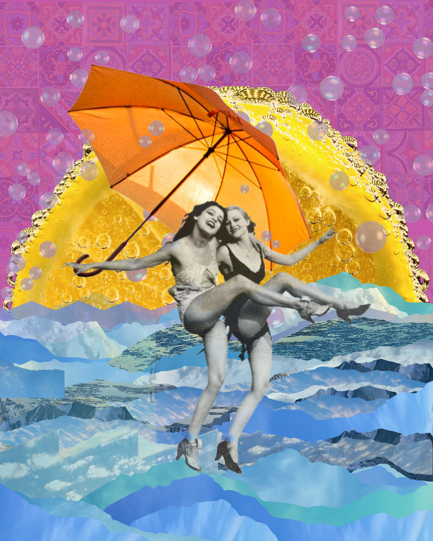 "Make Lemonade" digital collage of two women dancing at the beach under an umbrella with the lemon sun in the background. Made in Canva with some photos taken by artist Marvellous Darling.